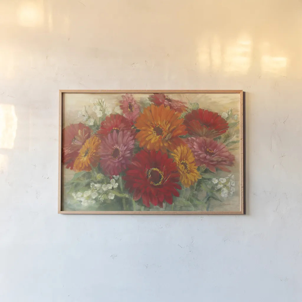 Summer Gerbera Bouquet by Carol Rowan. shown as a paper print in a natural frame. Available as a archival giclee rolled canvas, fine art paper, or poster print. SKU 41950i.