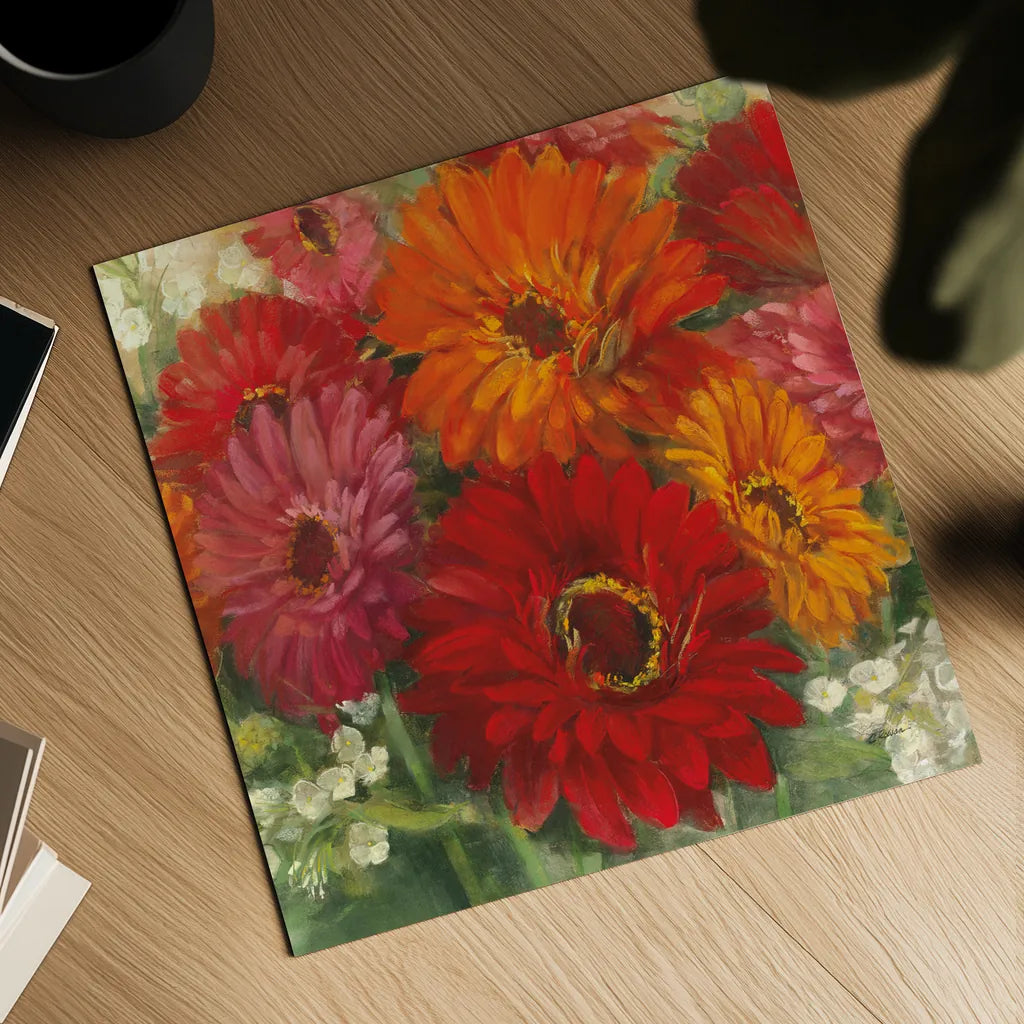 Summer Gerberas I by Carol Rowan. Shown as a detailed flat fine art print, highlighting archival giclee quality. Available as an archival giclee rolled canvas, fine art paper, or poster print. SKU 27831a.