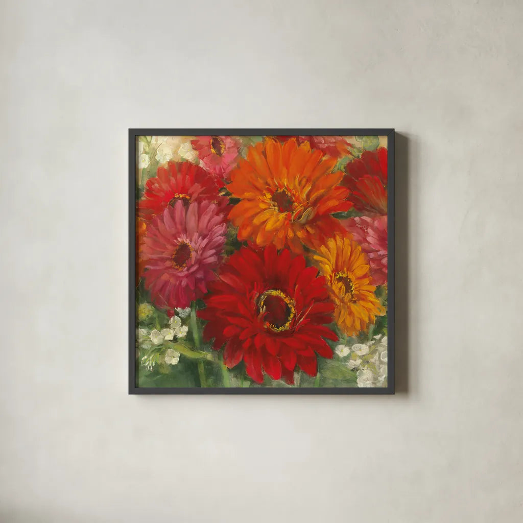 Summer Gerberas I by Carol Rowan. Shown in a sleek black glass frame for a contemporary gallery look. Available as an archival giclee rolled canvas, fine art paper, or poster print. SKU 27831a.