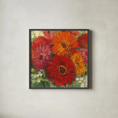 Summer Gerberas I by Carol Rowan. Shown in a sleek black glass frame for a contemporary gallery look. Available as an archival giclee rolled canvas, fine art paper, or poster print. SKU 27831a.