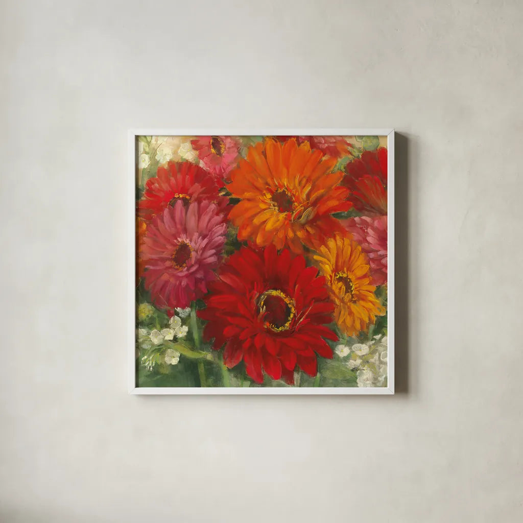 Summer Gerberas I by Carol Rowan. Shown in a crisp white glass frame for a clean and minimalist style. Available as an archival giclee rolled canvas, fine art paper, or poster print. SKU 27831a.