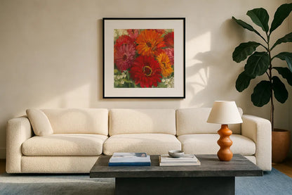 Summer Gerberas I by Carol Rowan. Displayed in a glass frame with matte in a clean modern living room. Available as an archival giclee rolled canvas, fine art paper, or poster print. SKU 27831a.