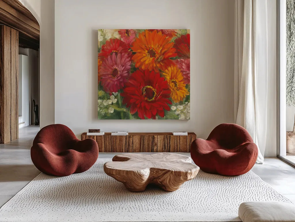 Summer Gerberas I by Carol Rowan. Shown as extra-large giant wall art in a modern living room. Available as an archival giclee rolled canvas, fine art paper, or poster print. SKU 27831a.