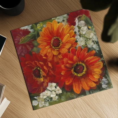 Summer Gerberas II by Carol Rowan. Shown as a detailed flat fine art print, highlighting archival giclee quality. Available as an archival giclee rolled canvas, fine art paper, or poster print. SKU 27832a.