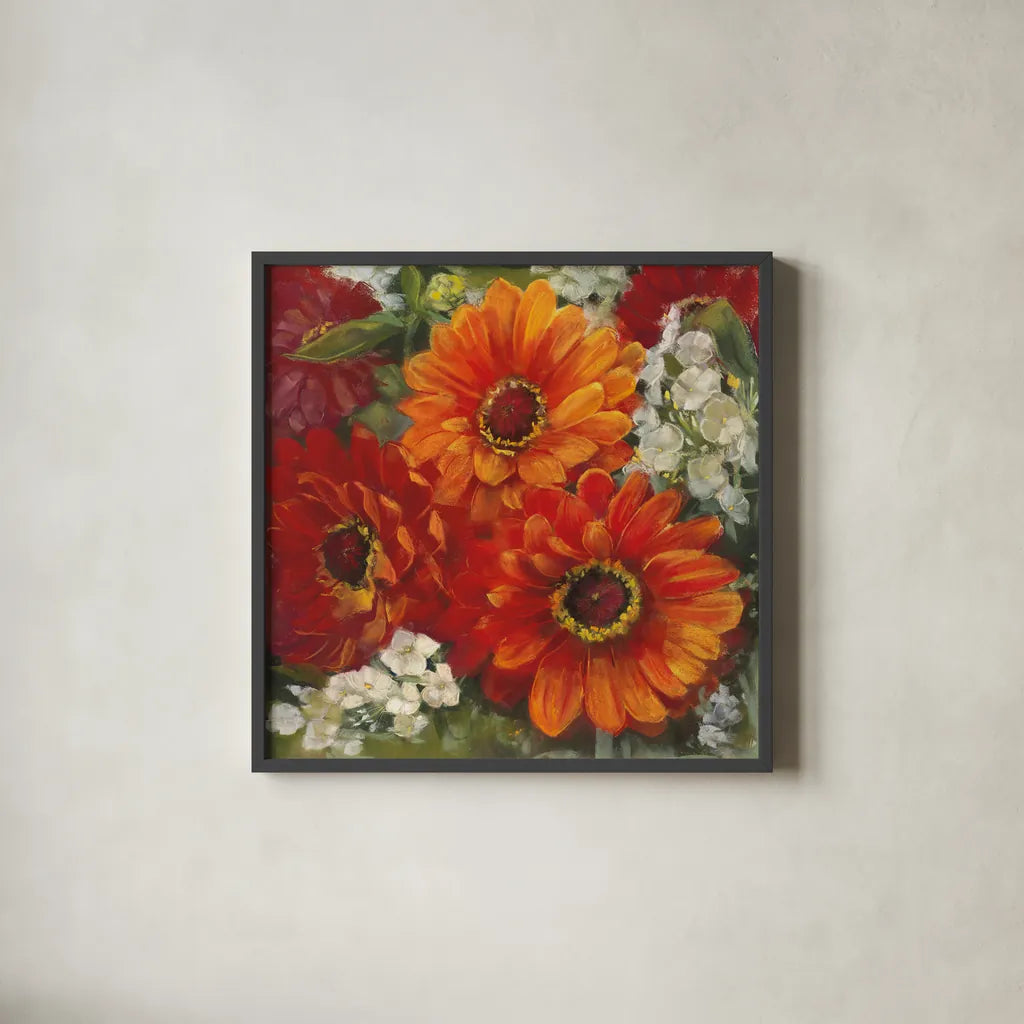 Summer Gerberas II by Carol Rowan. Shown in a sleek black glass frame for a contemporary gallery look. Available as an archival giclee rolled canvas, fine art paper, or poster print. SKU 27832a.