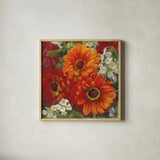 Summer Gerberas II by Carol Rowan. Shown in a natural wood glass frame for a timeless modern aesthetic. Available as an archival giclee rolled canvas, fine art paper, or poster print. SKU 27832a.