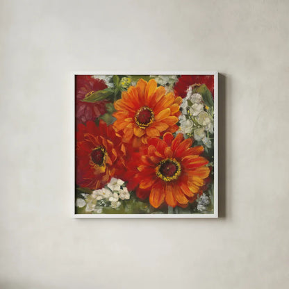 Summer Gerberas II by Carol Rowan. Shown in a crisp white glass frame for a clean and minimalist style. Available as an archival giclee rolled canvas, fine art paper, or poster print. SKU 27832a.