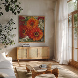 Summer Gerberas II by Carol Rowan. Shown in a natural wood frame in a cozy modern living room. Available as an archival giclee rolled canvas, fine art paper, or poster print. SKU 27832a.