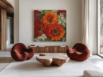 Summer Gerberas II by Carol Rowan. Shown as extra-large giant wall art in a modern living room. Available as an archival giclee rolled canvas, fine art paper, or poster print. SKU 27832a.