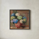 Summer Hydrangea by Carol Rowan. Shown in a sleek black glass frame for a contemporary gallery look. Available as an archival giclee rolled canvas, fine art paper, or poster print. SKU 100000a.