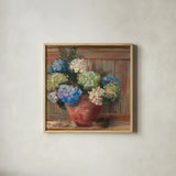 Summer Hydrangea by Carol Rowan. Shown in a natural wood glass frame for a timeless modern aesthetic. Available as an archival giclee rolled canvas, fine art paper, or poster print. SKU 100000a.