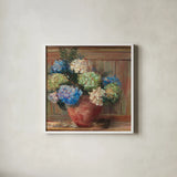 Summer Hydrangea by Carol Rowan. Shown in a crisp white glass frame for a clean and minimalist style. Available as an archival giclee rolled canvas, fine art paper, or poster print. SKU 100000a.