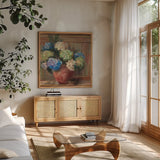 Summer Hydrangea by Carol Rowan. Shown in a natural wood frame in a cozy modern living room. Available as an archival giclee rolled canvas, fine art paper, or poster print. SKU 100000a.