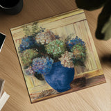 Summer Hydrangea Blue Pot by Carol Rowan. Shown as a detailed flat fine art print, highlighting archival giclee quality. Available as an archival giclee rolled canvas, fine art paper, or poster print. SKU 100001a.