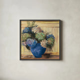 Summer Hydrangea Blue Pot by Carol Rowan. Shown in a sleek black glass frame for a contemporary gallery look. Available as an archival giclee rolled canvas, fine art paper, or poster print. SKU 100001a.