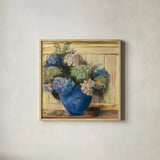 Summer Hydrangea Blue Pot by Carol Rowan. Shown in a natural wood glass frame for a timeless modern aesthetic. Available as an archival giclee rolled canvas, fine art paper, or poster print. SKU 100001a.