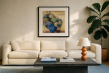 Summer Hydrangea Blue Pot by Carol Rowan. Displayed in a glass frame with matte in a clean modern living room. Available as an archival giclee rolled canvas, fine art paper, or poster print. SKU 100001a.