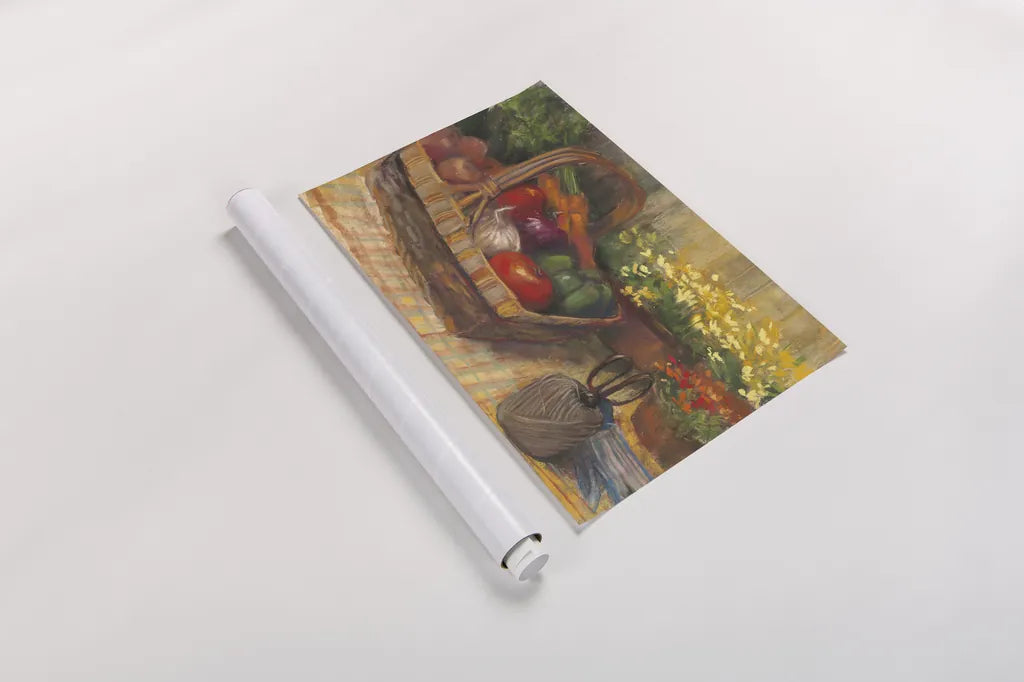 Summer Produce by Carol Rowan. shown as a rolled paper print. Available as archival giclee rolled canvas, fine art paper, or poster print. SKU 16011i.