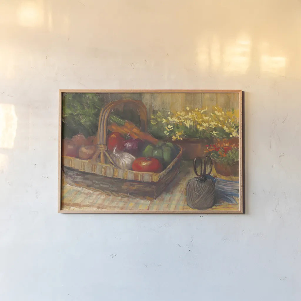 Summer Produce by Carol Rowan. shown as a paper print in a natural frame. Available as a archival giclee rolled canvas, fine art paper, or poster print. SKU 16011i.