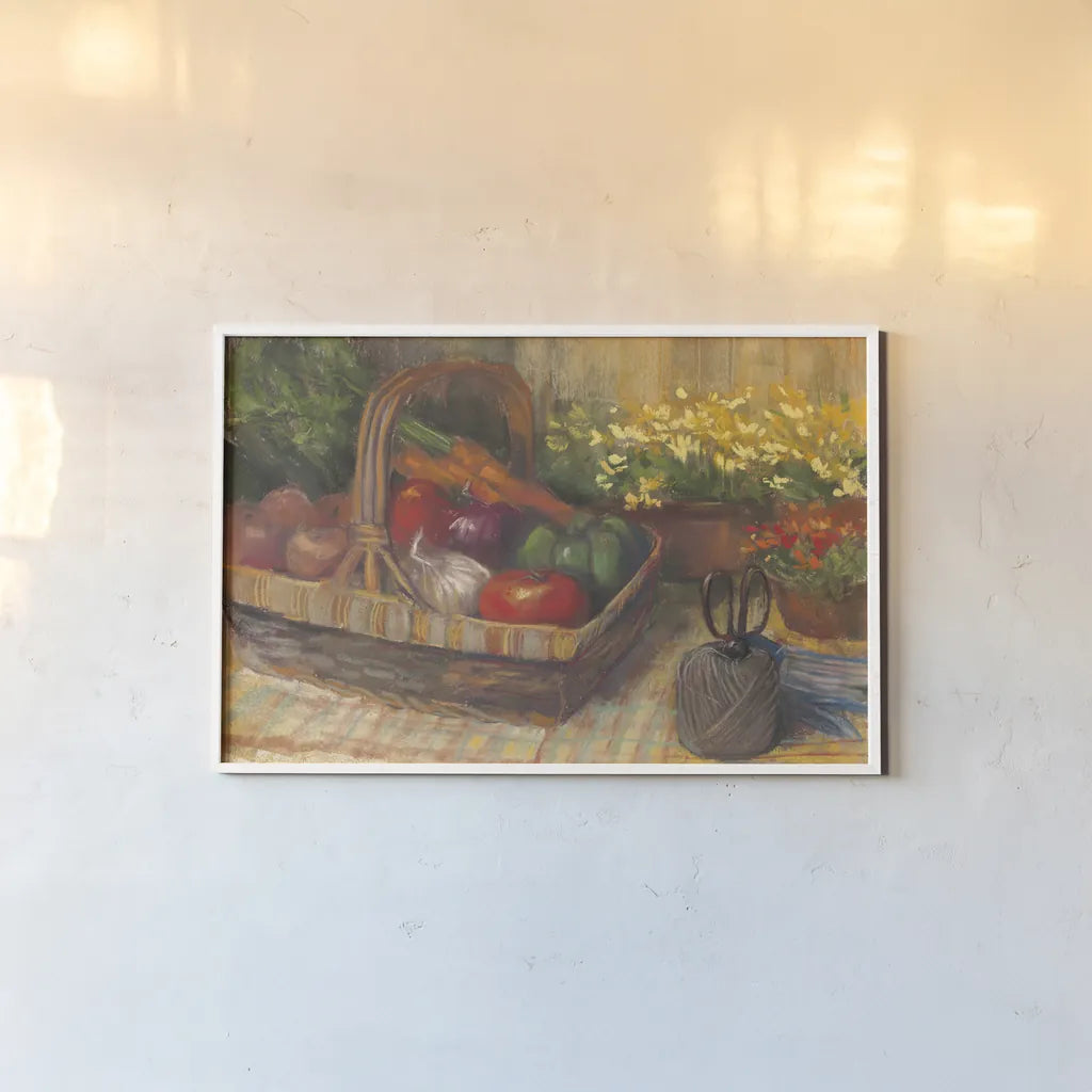Summer Produce by Carol Rowan. shown as a paper print in a white frame. Available as a archival giclee rolled canvas, fine art paper, or poster print. SKU 16011i.