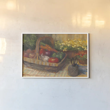 Summer Produce by Carol Rowan. shown as a paper print in a white frame. Available as a archival giclee rolled canvas, fine art paper, or poster print. SKU 16011i.
