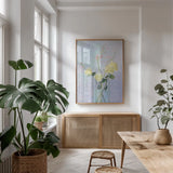 Summer Vase II by Carol Rowan. shown as a print in a natural wood frame in a dining room. Available as a archival giclee rolled canvas, fine art paper, or poster print. SKU 42351h.