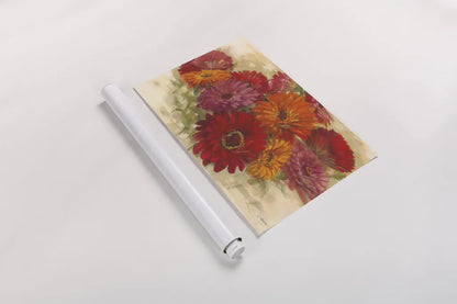 Summer Zinnias I by Carol Rowan. shown as a rolled paper print. Available as archival giclee rolled canvas, fine art paper, or poster print. SKU 41930i.