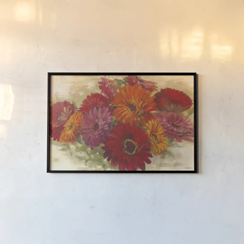 Summer Zinnias I by Carol Rowan. shown as a paper print in a black flame. Available as a archival giclee rolled canvas, fine art paper, or poster print. SKU 41930i.