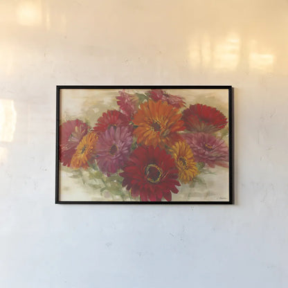 Summer Zinnias I by Carol Rowan. shown as a paper print in a black flame. Available as a archival giclee rolled canvas, fine art paper, or poster print. SKU 41930i.