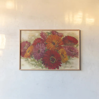 Summer Zinnias I by Carol Rowan. shown as a paper print in a natural frame. Available as a archival giclee rolled canvas, fine art paper, or poster print. SKU 41930i.