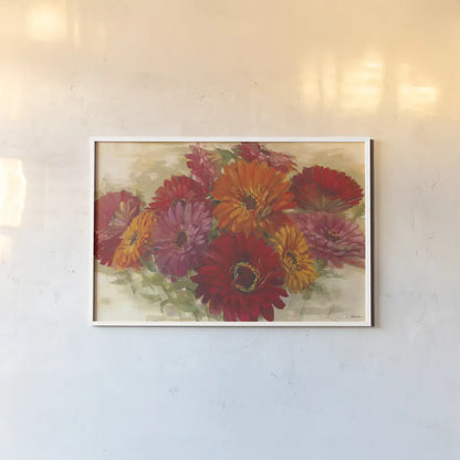 Summer Zinnias I by Carol Rowan. shown as a paper print in a white frame. Available as a archival giclee rolled canvas, fine art paper, or poster print. SKU 41930i.