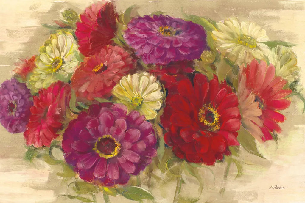 Summer Zinnias II by Carol Rowan. SKU 41931i. Archival Giclee Fine art print for wall decor.
