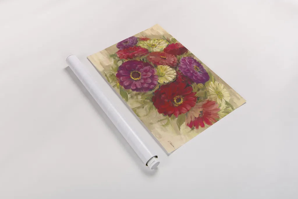 Summer Zinnias II by Carol Rowan. shown as a rolled paper print. Available as archival giclee rolled canvas, fine art paper, or poster print. SKU 41931i.