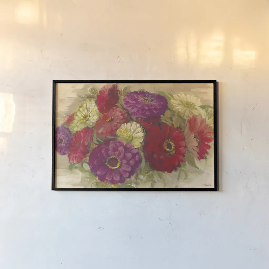 Summer Zinnias II by Carol Rowan. shown as a paper print in a black flame. Available as a archival giclee rolled canvas, fine art paper, or poster print. SKU 41931i.