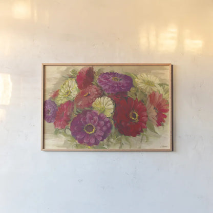 Summer Zinnias II by Carol Rowan. shown as a paper print in a natural frame. Available as a archival giclee rolled canvas, fine art paper, or poster print. SKU 41931i.