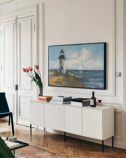 Sunday Morning Sail by Carol Rowan. shown as a framed stretched canvas in a living room above a console. Available as a archival giclee rolled canvas, fine art paper, or poster print. SKU 8177i.