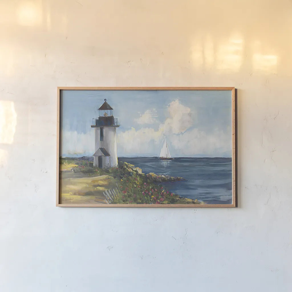 Sunday Morning Sail by Carol Rowan. shown as a paper print in a natural frame. Available as a archival giclee rolled canvas, fine art paper, or poster print. SKU 8177i.