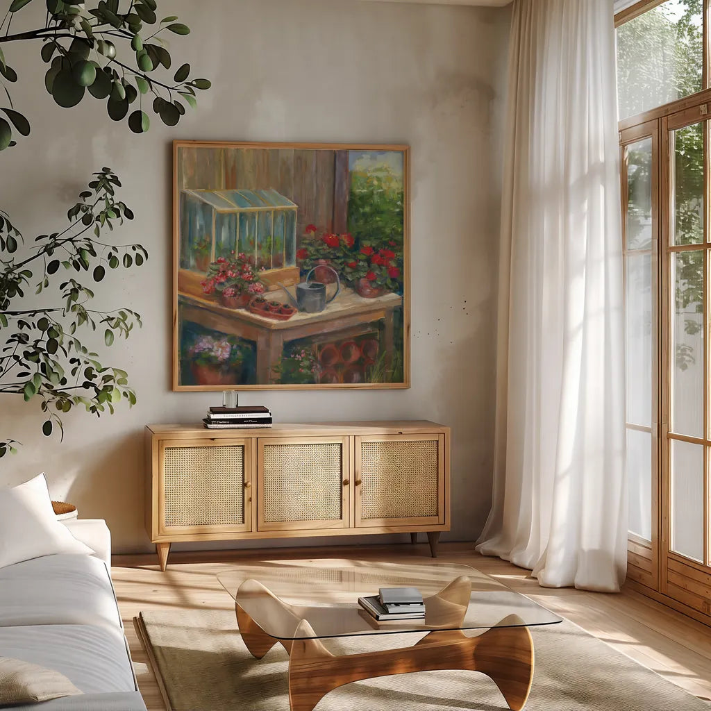 Terrarium by Carol Rowan. Shown in a natural wood frame in a cozy modern living room. Available as an archival giclee rolled canvas, fine art paper, or poster print. SKU 41966a.