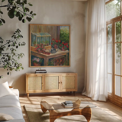 Terrarium by Carol Rowan. Shown in a natural wood frame in a cozy modern living room. Available as an archival giclee rolled canvas, fine art paper, or poster print. SKU 41966a.