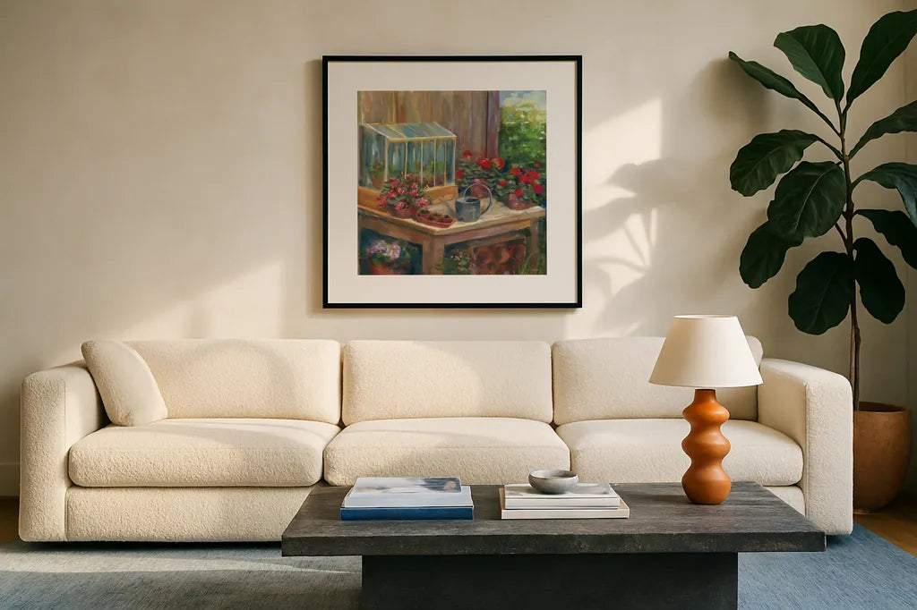 Terrarium by Carol Rowan. Displayed in a glass frame with matte in a clean modern living room. Available as an archival giclee rolled canvas, fine art paper, or poster print. SKU 41966a.
