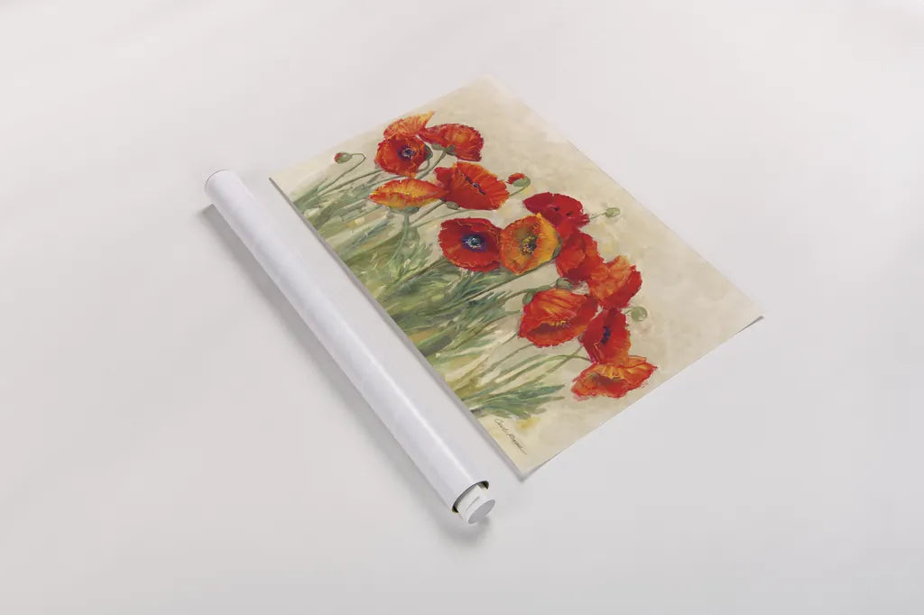 Vibrant Poppies by Carol Rowan. shown as a rolled paper print. Available as archival giclee rolled canvas, fine art paper, or poster print. SKU 7999i.