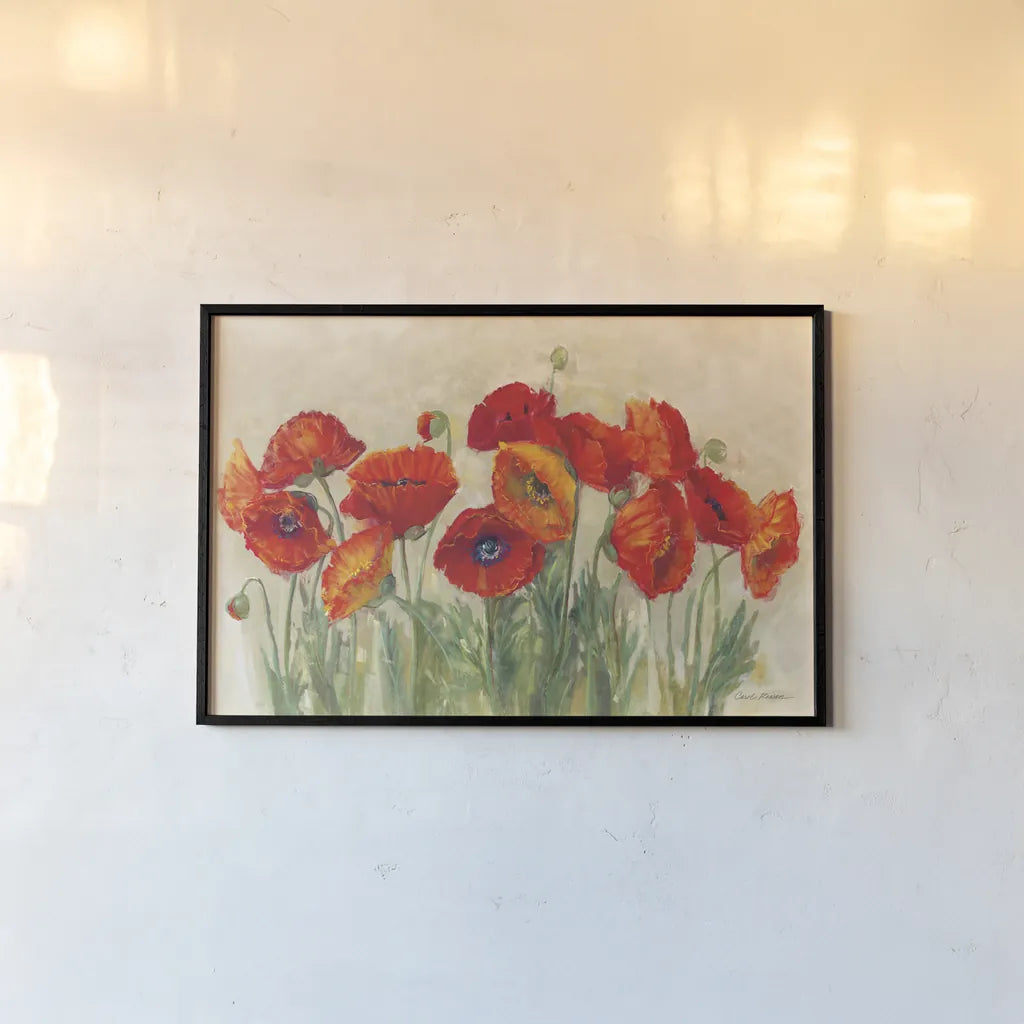 Vibrant Poppies by Carol Rowan. shown as a paper print in a black flame. Available as a archival giclee rolled canvas, fine art paper, or poster print. SKU 7999i.