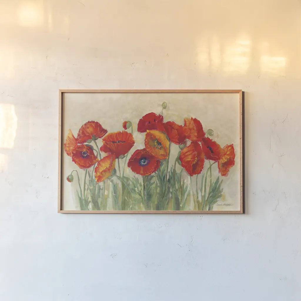 Vibrant Poppies by Carol Rowan. shown as a paper print in a natural frame. Available as a archival giclee rolled canvas, fine art paper, or poster print. SKU 7999i.