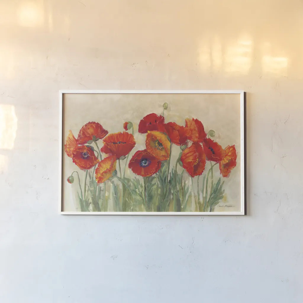 Vibrant Poppies by Carol Rowan. shown as a paper print in a white frame. Available as a archival giclee rolled canvas, fine art paper, or poster print. SKU 7999i.