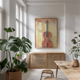 Violin v2 by Carol Rowan. shown as a print in a natural wood frame in a dining room. Available as a archival giclee rolled canvas, fine art paper, or poster print. SKU 83560h.