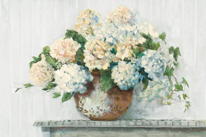 White Hydrangea Cottage by Carol Rowan. SKU 51425i. Archival Giclee Fine art print for wall decor.