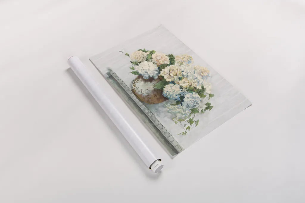 White Hydrangea Cottage by Carol Rowan. shown as a rolled paper print. Available as archival giclee rolled canvas, fine art paper, or poster print. SKU 51425i.