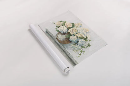 White Hydrangea Cottage by Carol Rowan. shown as a rolled paper print. Available as archival giclee rolled canvas, fine art paper, or poster print. SKU 51425i.