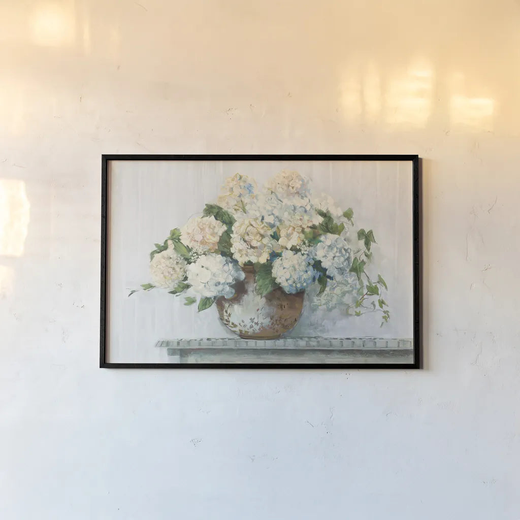 White Hydrangea Cottage by Carol Rowan. shown as a paper print in a black flame. Available as a archival giclee rolled canvas, fine art paper, or poster print. SKU 51425i.