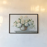 White Hydrangea Cottage by Carol Rowan. shown as a paper print in a black flame. Available as a archival giclee rolled canvas, fine art paper, or poster print. SKU 51425i.
